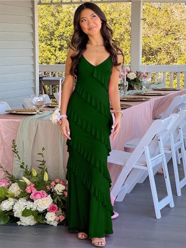 Image of HOCILLE Women's Sexy V Neck Backless Bodycon Spaghetti Strap Elegant Ruffle Maxi Cocktail Party Dresses