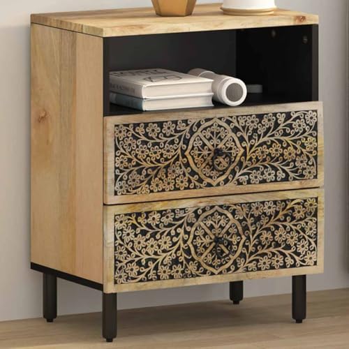 Table de chevet bois de mangue 2 tiroirs : commode de nuit retro