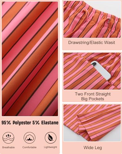 Image of Kissonic Women Striped Pants Casual Drawstring Wide Leg Trousers Loose Lounge Pajama Pants with Pockets