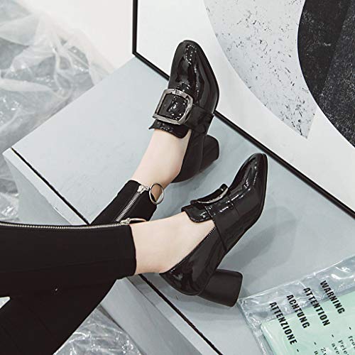 MIOKE Women's Square Toe Buckle Pump Penny Loafer Patent Leather Slip On Block Mid Heel Classic Oxford Shoes4