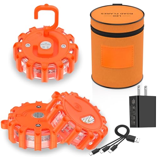 Meliya USB C Rechargeable LED Road Flares Emergency Lights with Magnetic Base, 9 Strobe Options Roadside Emergency Warning Car Safety Beacon Flashing Disc Flare Kit (Orange Lights, 3 Pack)
