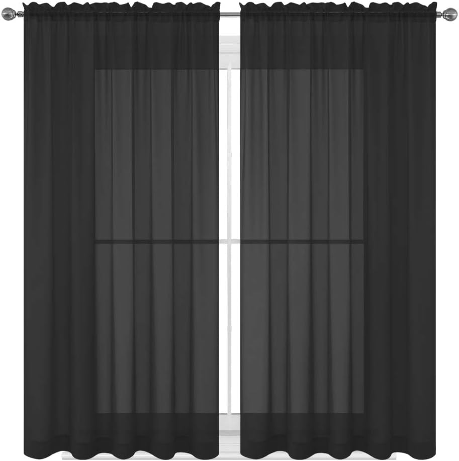 WPM WORLD PRODUCTS MART Black Window Sheer Treatment Panels Beautiful Rod Pocket Voile Elegance Curtains Drapes for Living Room, Bedroom, Kitchen Fully Stitched, Set of 2 (Black, 63" Inch Long)
