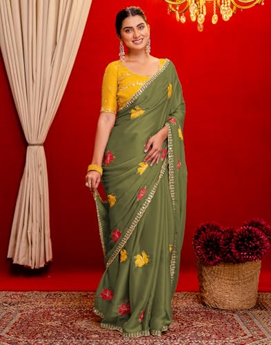 Image of SIRIL Women's Embroidery, Mirror Work, Scalloped Border Shimmer Georgette Saree With Unstitched Blouse Piece