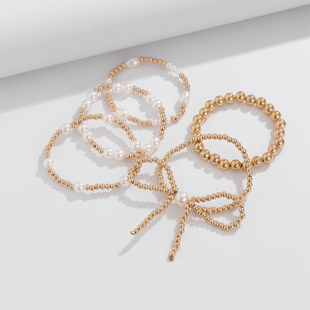 Gold Bow Beaded Pearl Bracelets Stack for Women Trendy, Charm Enamel Bow Knot Heart Non Tarnish Bracelet Dainty Bead Ball Stretch Link Jewelry Gifts - Image 6