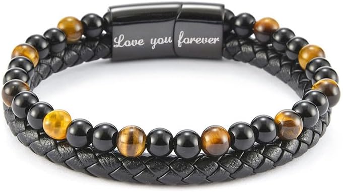 The Guardian - Son's Tiger Eye Protection Bracelet From Mom, Love You Forever Linked Together To My Son Leather Black Beads Engraved Cuff Bangle Birthday Jewelry Gift Card - Image 7