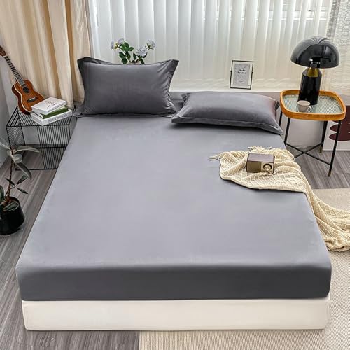 Homxi Sábanas Bajera Ajustables y 2 Fundas de Almohada,(150 x 200 x 20 cm),Sábana Bajera Protectora Color Sólido Bajera Ajustable Cama Gris Oscuro