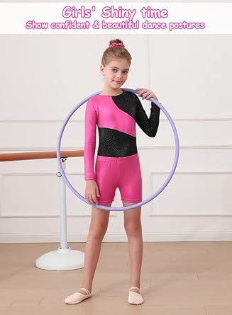 XiaoMoSha Girls Three-Piece Gymnastics Leotards Set Long Sleeve Leotards with Shorts and Hairband Sparkly Ballet Dance Unitards Gradient Color Design Gymnastics Outfits for Kids 3-12 Years