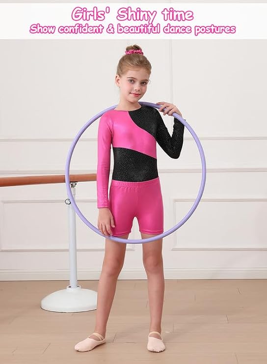 XiaoMoSha Girls Three-Piece Gymnastics Leotards Set Long Sleeve Leotards with Shorts and Hairband Sparkly Ballet Dance Unitards Gradient Color Design Gymnastics Outfits for Kids 3-12 Years