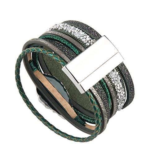 Coolla Braided Wrap Bracelet Agate Stone Crystal Leather Cuff Bangle Women Bracelet (Green Leather Bracelet) #TOP3