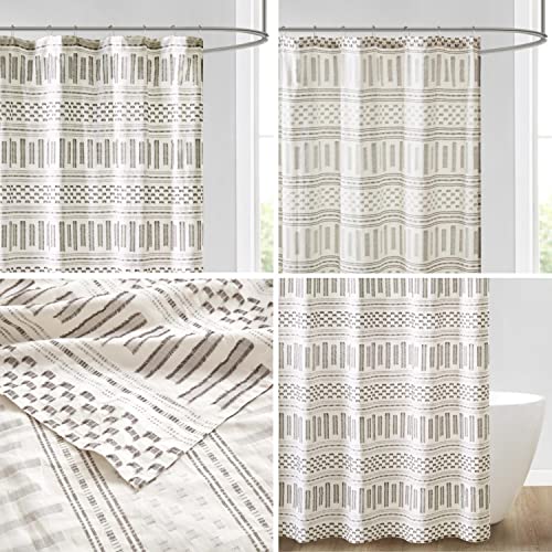 Image of Ink+Ivy Rhea 100% Cotton Shower Curtain, Geometric Print with Clipped Jacquard Texture Details, Mid Century Modern Boho Design Bathroom Decor, Machine Washable, 72 inch x 72 inch Ivory /Charcoal
