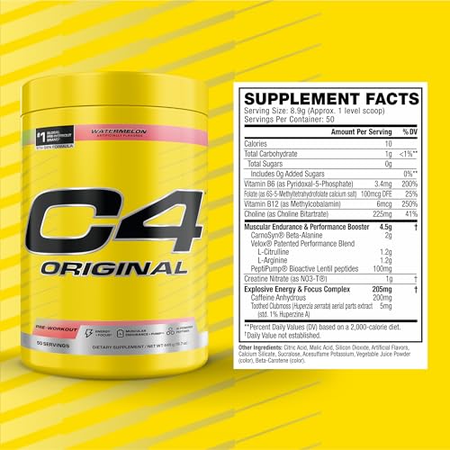 Image of C4 Original Pre Workout - Pre-Workout for Endurance, Focus & Performance with 200mg Caffeine, Beta-Alanine, Creatine Nitrate, L-Arginine & PeptiPump - Sugar Free, 50 Servings, Watermelon