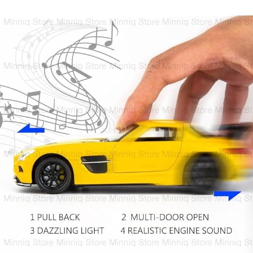 Image of 1 /32 Merceedes Benz SLS AMG GT Future Model Car - Exclusive Alloy Metal Pullback Toy with Openable Doors, Lights, and Music for Kids (1:32 Merceedes SLS- Yellow)