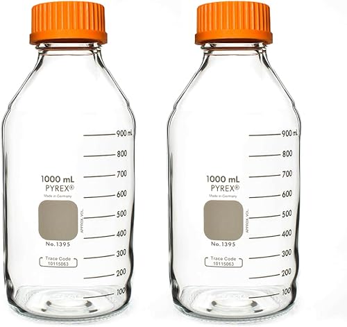 Pyrex Botella redonda de almacenamiento de medios con tapa de rosca GL45, botellas de vidrio de borosilicato con tapas, cristalería científica