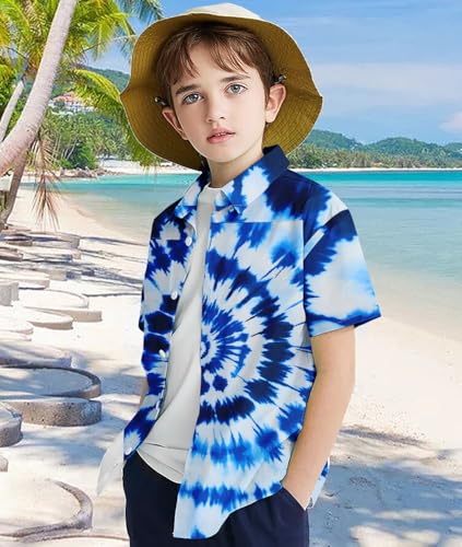 Image of uideazone Boys Tie Dye Button Down Shirt Size 7 Size 8 Cool Funky Shirts Kids Short Sleeve Beach Luau Blouse for Casual Vacation 7-8 Years