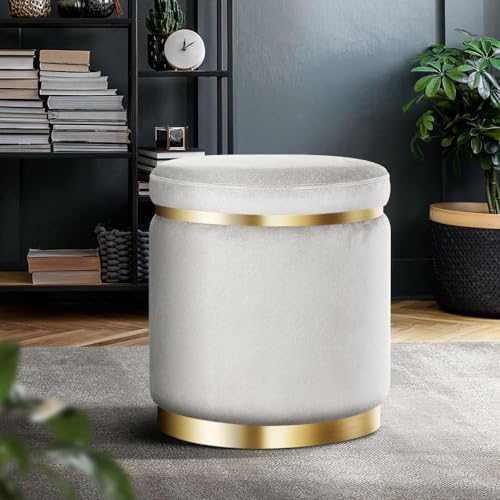 Image of ETIQUETTE ART Upholstered Velvet Round Dual Strip Ottoman Office Stool Foot Rest Stool Linen Fabric Padded Seat Pouf Ottoman with Round Shape for Living Room (Grey)