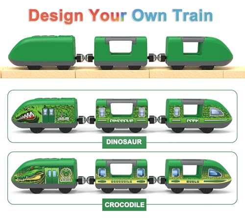 Image of Dinosaur Train for Kids 3-5 - Battery Operated Bullet Train with Opening Doors & DIY Stickers, 3-Car Electric Railway Set Compatible with Thomas & Brio