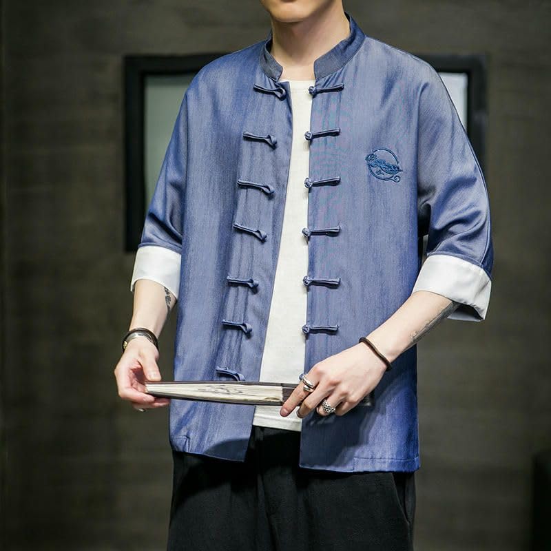 Chemise style chinois homme col montant et finitions boutons grenouille haut de gamme