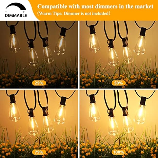 Brightever LED Outdoor String Lights 100FT Patio Lights with 52 Shatterproof ST38 Vintage Edison Bulbs, Outside Hanging Light Waterproof for Porch, Deck, Garden, Backyard, Balcony, Dimmable 2700K
