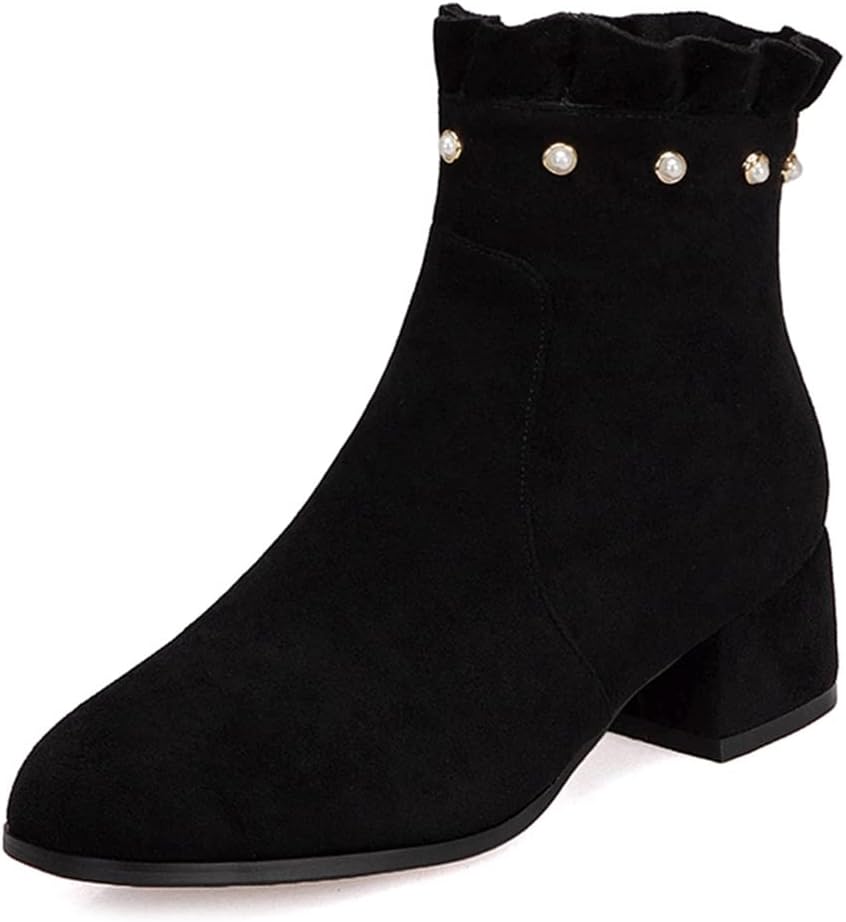 Women's Round Toe Pearls Dressy Ankle Boots Suede Side Zipper Block Low Heels Dress Short Booties