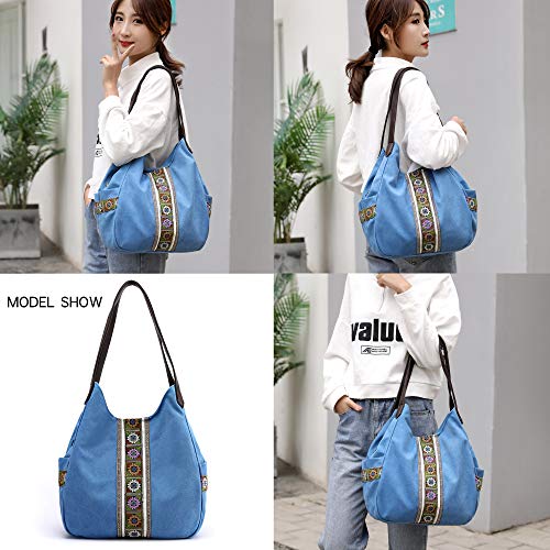 Worldlyda Women Canvas Hobo Purse Multi Pocket Tote Shopper Shoulder Bag Casual Top Handle Handbag With Embroidery Ethnic #TOP4