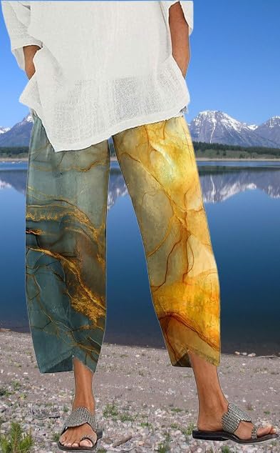 Loose Pants for Women Dressy Lounge Pants Summer Casual Elastic Waist Cotton Trouser Daily Cropped Wide Leg Pants - Image 2