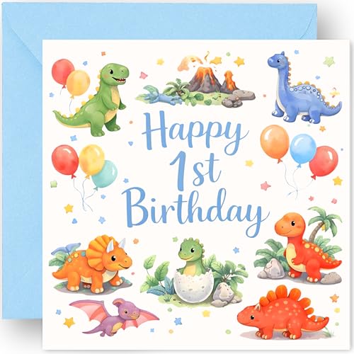 Image of 1st Birthday Card Gift for Boys – One Today – 1 Years Old - Cute Dinosaur Design - Happy First Birthday Greeting Card for Grandson Nephew Son Toddler or Boys - Includes Blue Envelope – 14cm