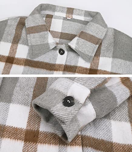 Beaully Women's Brushed Plaid Shirts Long Sleeve Flannel Lapel Button Down Pocketed Shacket Jacket Coats 6017 Khaki Small #TOP4