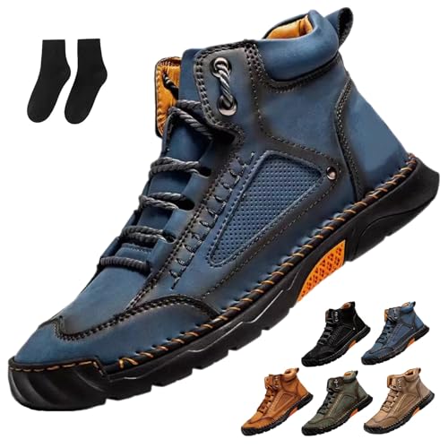 Hillde Shoes, Hillde Mens Shoes, Hillde Boots Men's Casual Leather Fashion Sneakers Ankle Chukka Boots Handmade Mid-top Non-Slip Walking Driving Shoes(Blue,US 10.5)