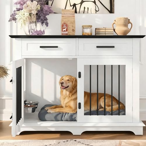 Trygoal 44.48" Dog Crate Furniture, Wooden Dog Kennel End Table with 2 Storage Drawers & 360°Rotating Bowls, Decorative Pet Cage Dog House for Medium Large Dogs, White&Black by Trygoal - Used condition - US$127.97