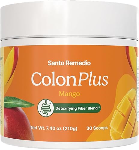 Santo Remedio Colon Plus, Limpiador de Colon, Suplemento Dietético de Fibra de Cáscara de Psyllium y Probióticos, 30 Porciones, Sabor a Mango