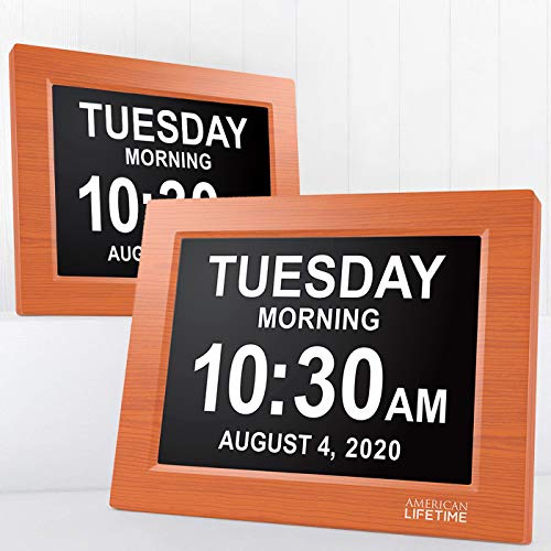 American Lifetime, Newest Version, Day Clock Extra Large Impaired Vision Digital Clock with Battery Backup and 5 Alarm Options Great Gift Ideas, 2 Pack Brown Wood