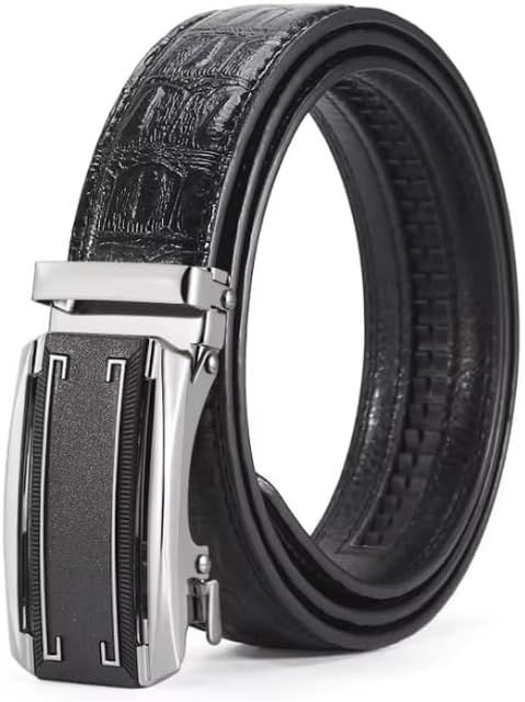 Premium Leather Ratchet Belt for Men, Black, Crocodile Pattern, Automatic Buckle Design with Silver Hardware
