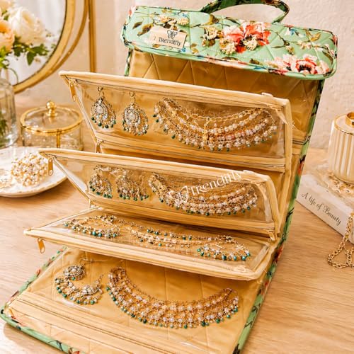 Image of Trendifly Cotton Blend Foldable Multipocket Jewellery Suitcase Women Embroidery Travelling Jewelry Sutcase Bag 5 Transparent Pockets Earrings Necklace Bangles Rings Girls (Flower Green)