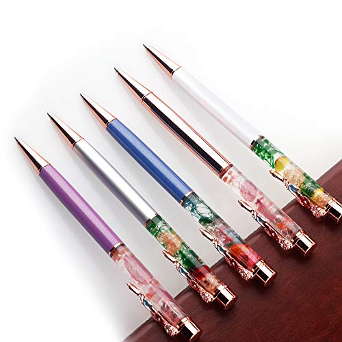 Ballpoint Pens,5 Pieces Dynamic Liquid Flower Pen Refillable Black Ink with Retro Floral Pen Clip for Desk Accessories