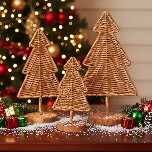 Pinkunn 3 Pieces Rattan Christmas Tree Table Centerpiece Christmas Rattan Cone Trees Xmas Decorations for Indoor Outdoor Xmas Winter Holiday(Light Brown)