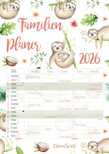 Edition Seidel Agenda Familiar Premium XL 2026 formato DIN A3 calendario de pared planificador familiar 5 columnas organización escuela trabajo citas menú tareas perezoso