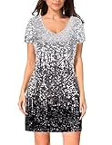 MANER Women's Sequin Glitter Short Sleeve Dress Sexy V Neck Mini Party Club Bodycon Gowns(S, Silver/Gray/Black)