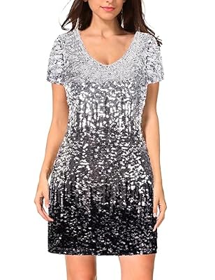 MANER Women's Sequin Glitter Short Sleeve Dress Sexy V Neck Mini Party Club Bodycon Gowns (XS, Silver/Gray/Black)