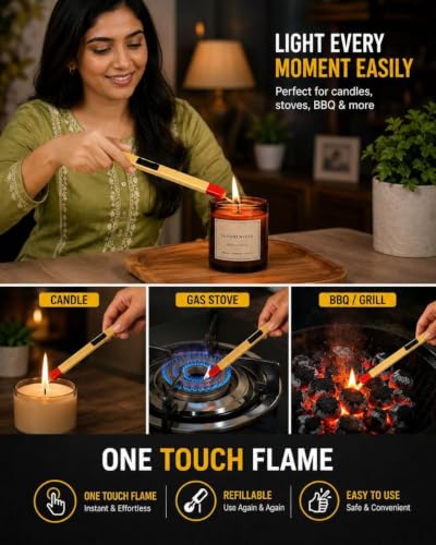 Image of Match Stick Shaped Butane Lighter, 20.5 cm Long Handle Refillable Gas Lighter with One Touch Ignition and Fuel Window for Kitchen Stove, Candles, BBQ, Grill and Camping