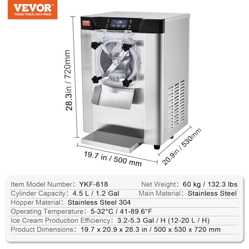 VEVOR Kommerzielle Eiscreme-Maschine, 12 L/h Einzelgeschmacksrichtung Arbeitsplatten-Eiscrememaschine für Hartes Servieren, 4,5 L Edelstahlzylinder, LED-Panel, Automatische Vorkühlung mit Reinigung – Bild 8