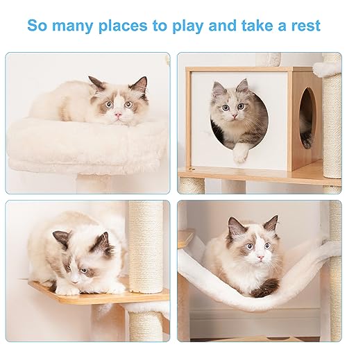Image of Hey-brother Wooden Cat Tree, 66.1 inch Cat Furniture with Scratching Posts, Modern Cat Tower with hammocks, Toys, cat condo, Walnut MPJ120WB