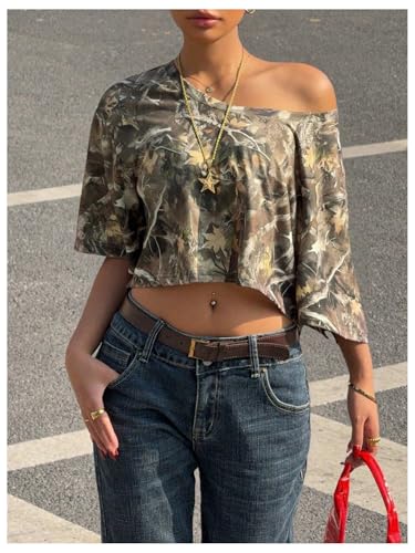SOLY HUX Women's Y2k Camo T Shirt Off The Shoulder Half Sleeve Y2k Crop Tops Streetwear Summer T Shirt4