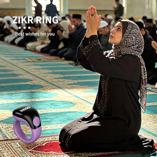 Image of Smart Tasbih Zikr Ring,Adjustable(18 /20 /22mm) Muslim Digital Azan Alarm Clock Counter,APP Support Digital Counter Prayer Reminder Rings, Waterproof 5 Digit Finger Counter for Muslims(Purple)