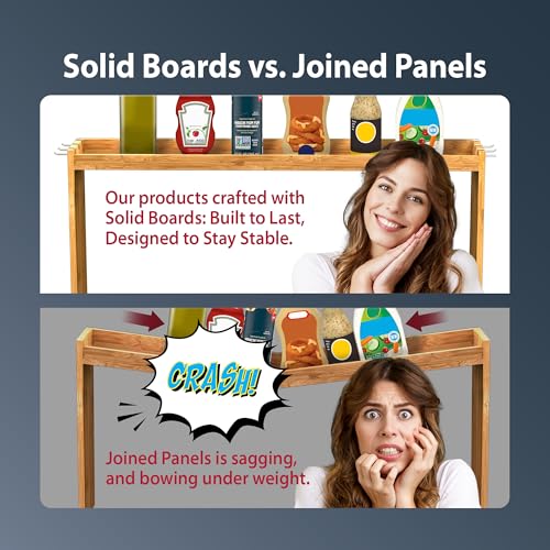 IIIOIIIA Bamboo Over The Stove Spice Shelf for Kitchen Storage, 31.5" Kitchen Spice Rack Organizer Stove Top Shelf with 6 Hooks, 11.4" Height Extra Storage Countertop, Easy to Assemble #2