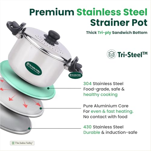 Image of The Indus Valley Stainless Steel 5 litres Strainer Pot /Rice Pot for Noodles, Pasta, Corn, SOYA, Vegetables & Rice | Induction & Gas Friendly | 3-Layer Thick Bottom