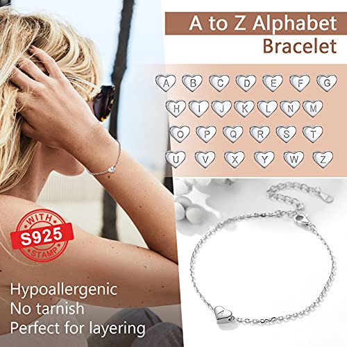 925 Sterling Silver Dainty Heart Bracelets for Women, A-Z Letter Cute Initial Charm, Bracelet: 6.3"-8.3", Adjustable, Come with Box4
