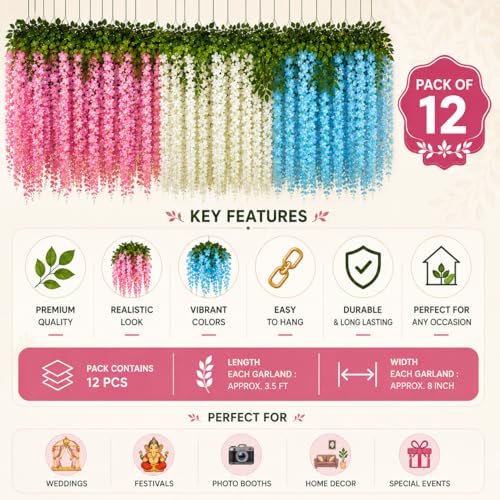 Image of Tia Crafts Polyester Artificial Hanging Flowers For Ceiling Balcony|Wisteria Vine|Home Party Decor Garden Outdoor Greenery Office Wall Decoration|Waterproof Washable-3.7Ft /45 Inch(Mixed,12)