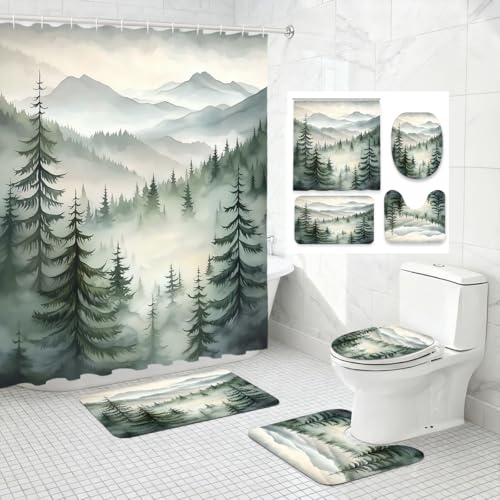 4 Piece Green Misty Forest Shower Curtain Set with Non-Slip
