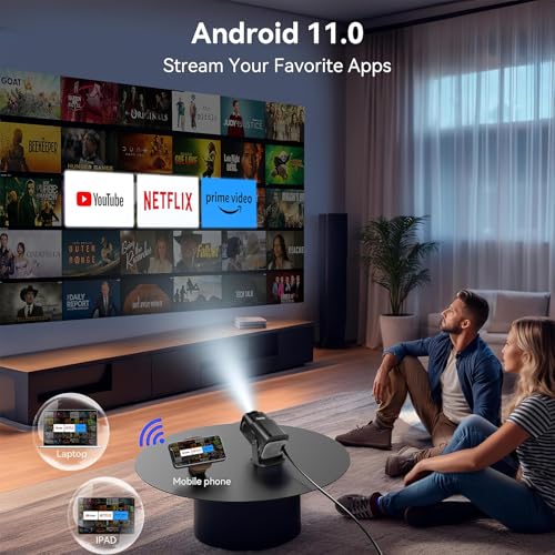 جهاز عرض صغير من بروسايت فيديو واي فاي 6 بلوتوث 5 اندرويد 11 1080P FHD يدعم 8000 لومن منزلي مع تركيز وتصحيح تلقائي تعديل الشاشة حامل قابل للتعديل 180 درجة، شفاف