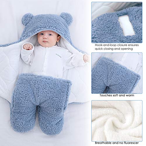 DaMohony Neonato Swaddle Coperta Avvolgere Inverno Neonato Morbido Peluche Caldo con Cappuccio Avvolgere Sacco a Pelo per Neonati 3-6 Mesi Neonate Ragazzi (Blu, per 3-6 mesi)